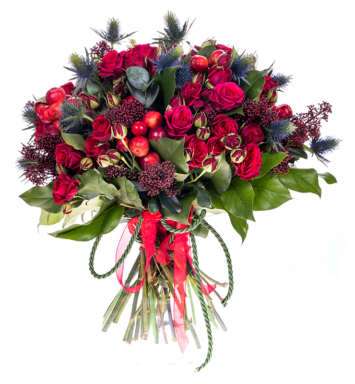 Festive Winter Nights - Warm Wishes Bouquet. Roses and deep blue thistles. Free local delivery. Flower Boutique Wickford, Essex.