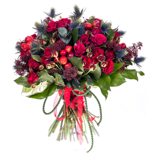 Festive Winter Nights - Warm Wishes Bouquet. Roses and deep blue thistles. Free local delivery. Flower Boutique Wickford, Essex.